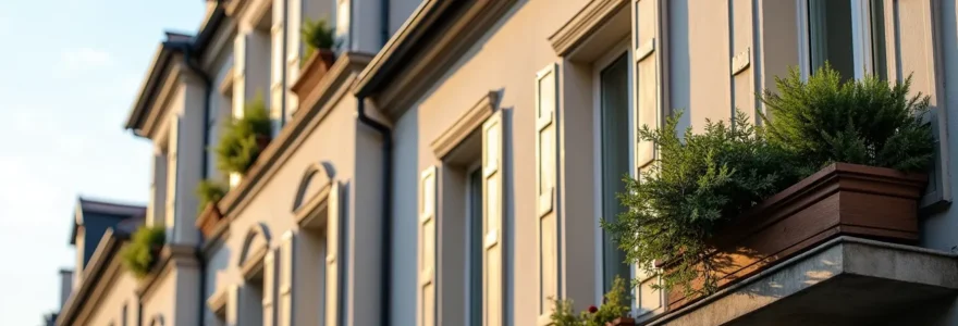 Vue réaliste et lumineuse d'un immeuble en copropriété avec éléments architecturaux détaillés, éclairage naturel cinématographique, textures fines des matériaux de façade et bokeh naturel en arrière-plan