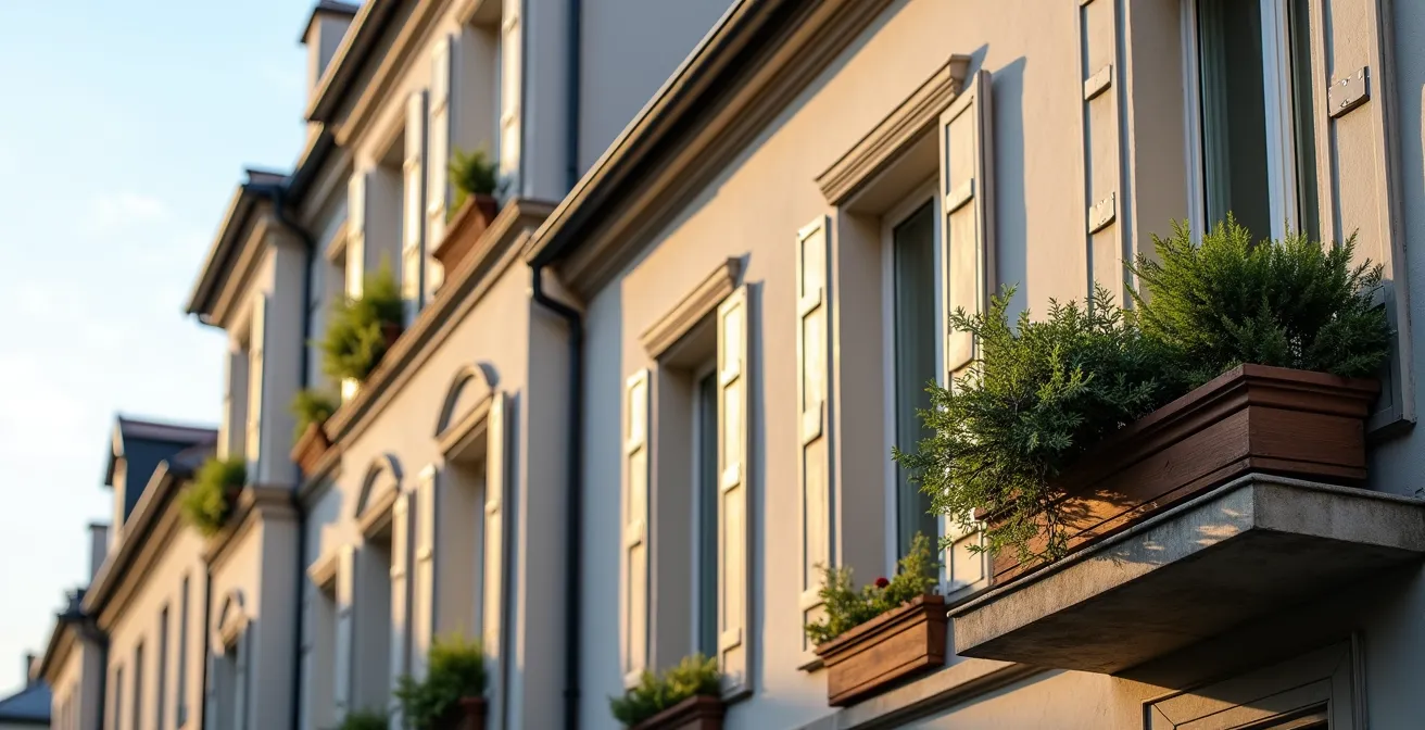 Vue réaliste et lumineuse d'un immeuble en copropriété avec éléments architecturaux détaillés, éclairage naturel cinématographique, textures fines des matériaux de façade et bokeh naturel en arrière-plan