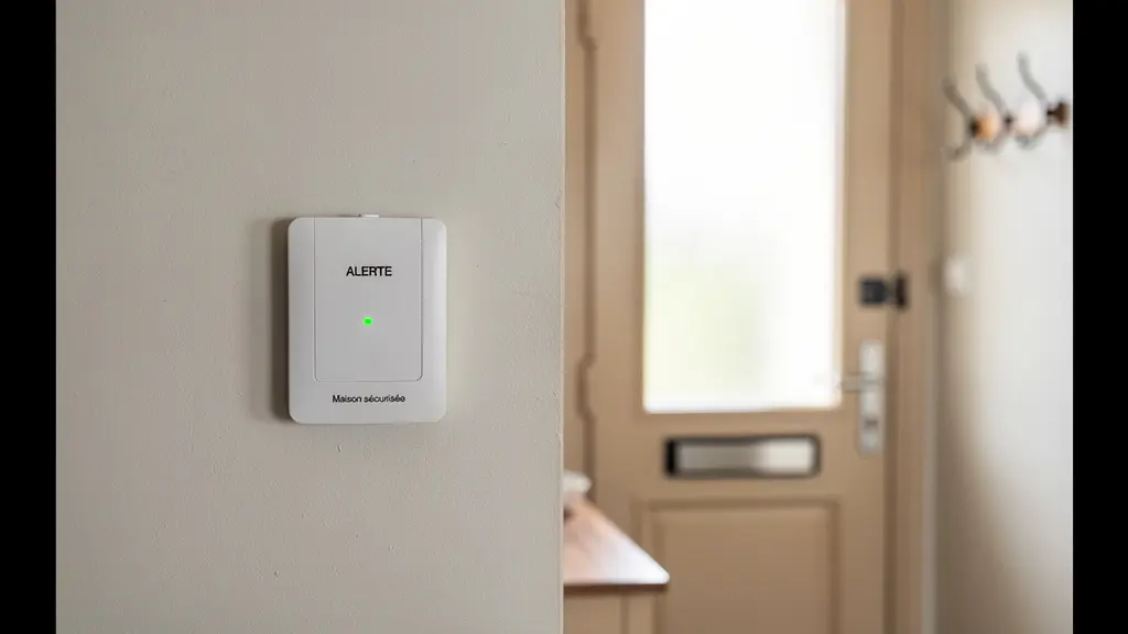 Centrale alarme connectée installée dans une entrée de maison avec voyant vert allumé