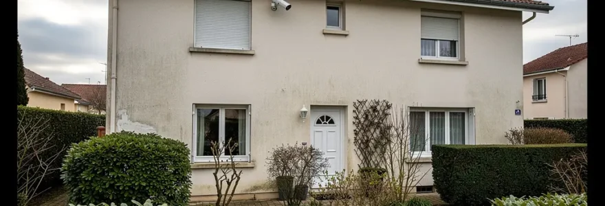 Façade de maison pavillonnaire avec caméra de surveillance discrète visible sous avant-toit