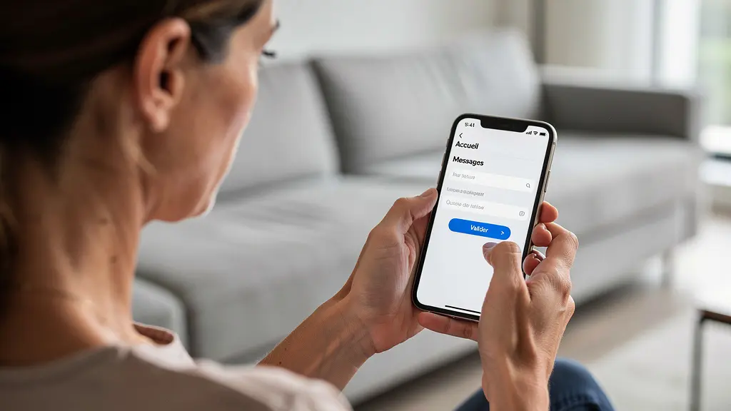 Femme consultant une application de sécurité sur smartphone dans son salon