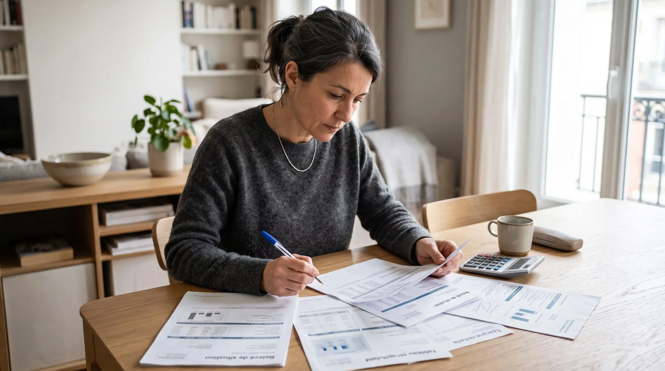 Personne analysant des relevés d'assurance-vie et documents d'épargne à domicile sur une table