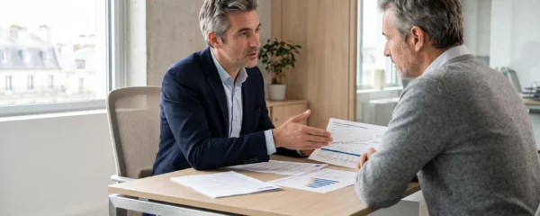 Conseiller en gestion de patrimoine expliquant les options d'assurance-vie à un client lors d'un rendez-vous dans un bureau moderne