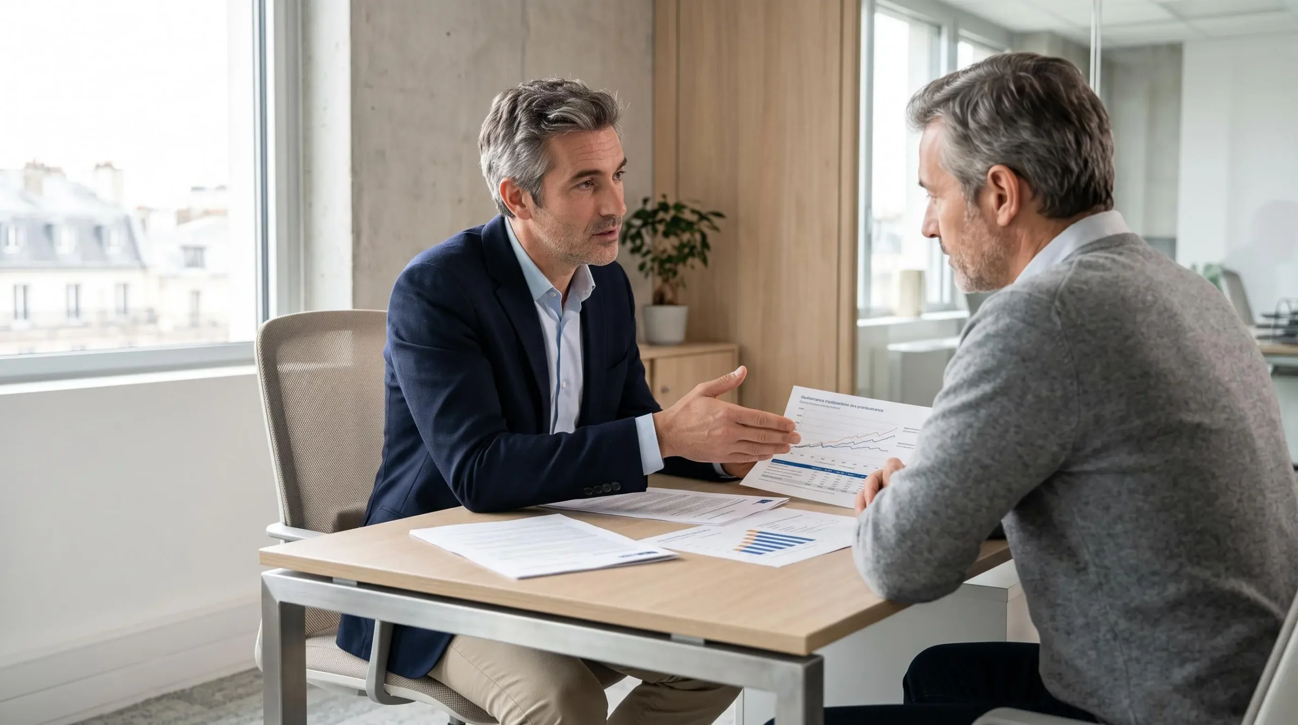 Conseiller en gestion de patrimoine expliquant les options d'assurance-vie à un client lors d'un rendez-vous dans un bureau moderne