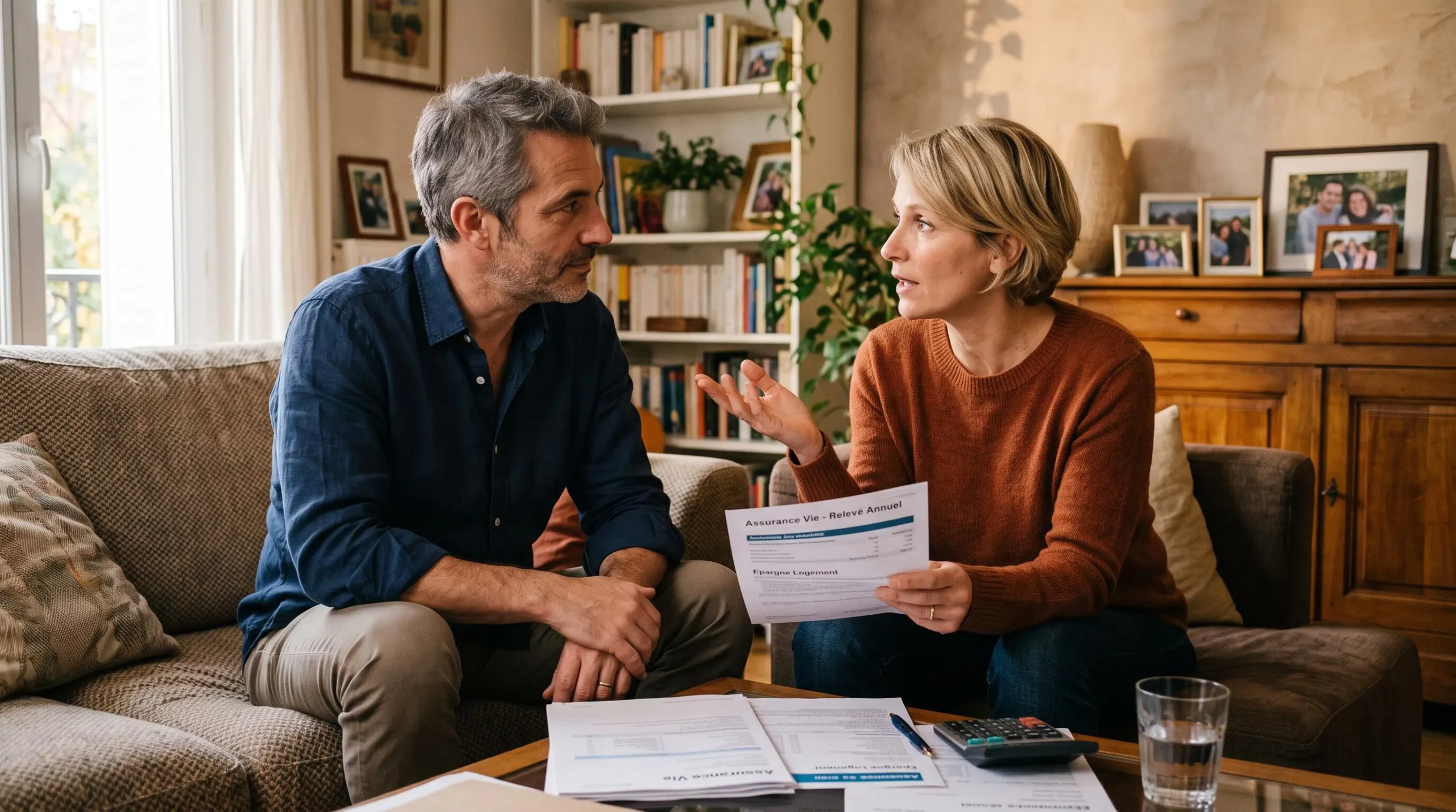 Couple discutant ensemble de leur stratégie d'épargne et d'assurance-vie dans leur salon